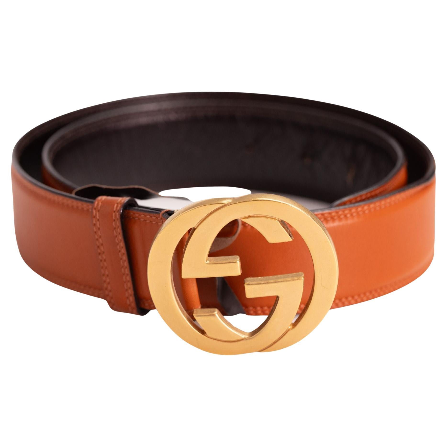 Gucci Caramel Brown Leather Blondie Interlocking GG Belt (80/32) For Sale