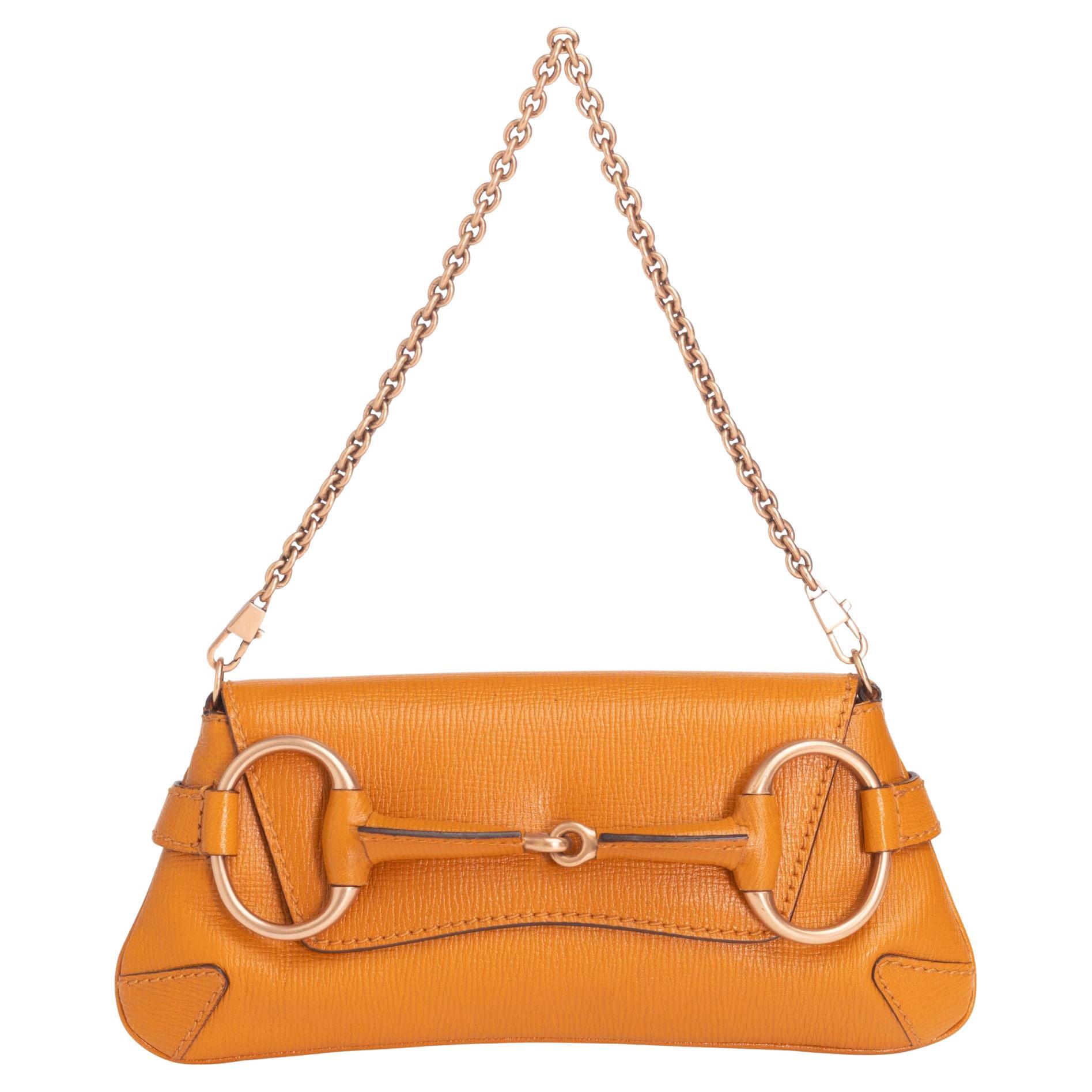 Gucci Caramel Brown Leather Horsebit Chain Clutch Bag