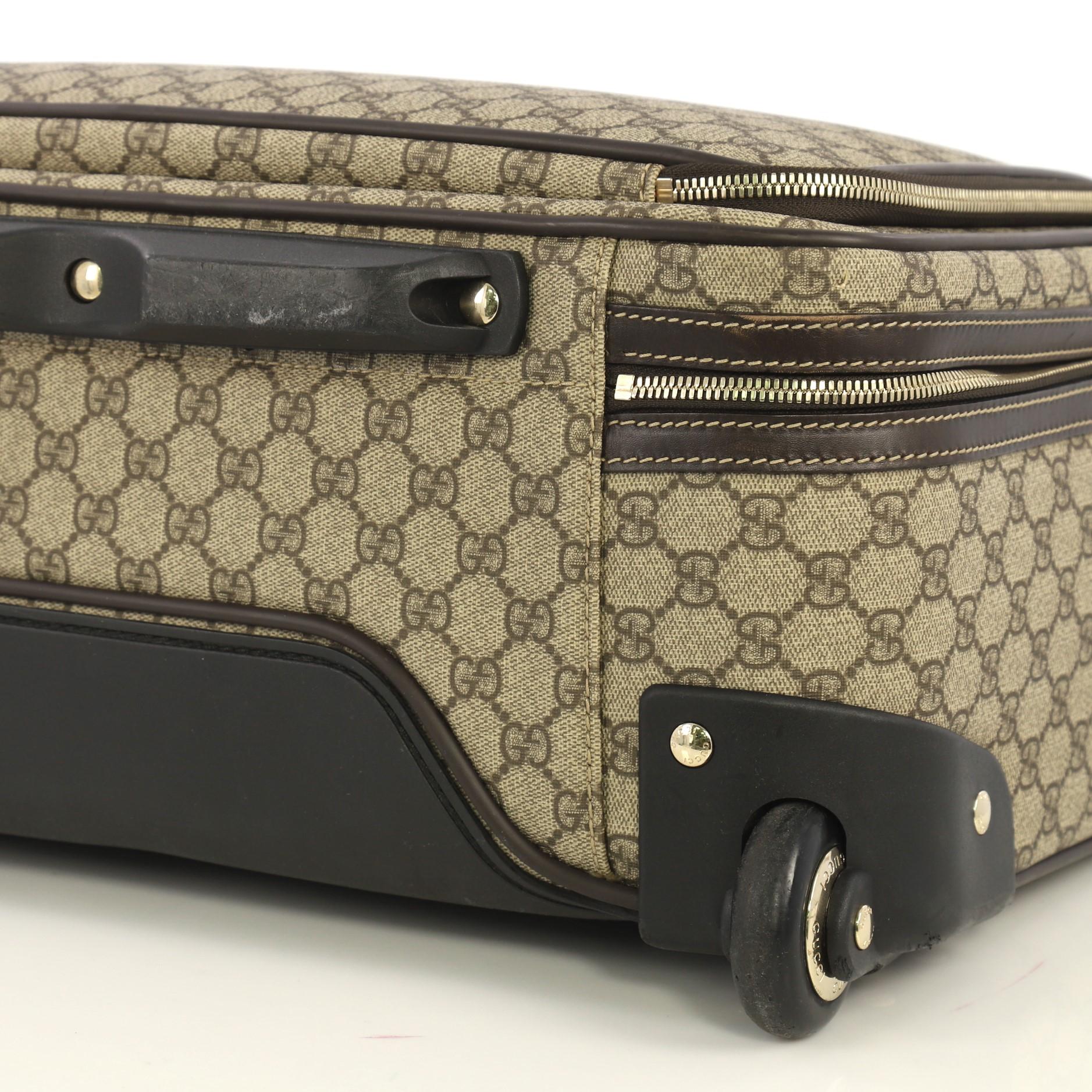 Brown Gucci Carry On Trolley Rolling Luggage GG Coated Canvas With Leather