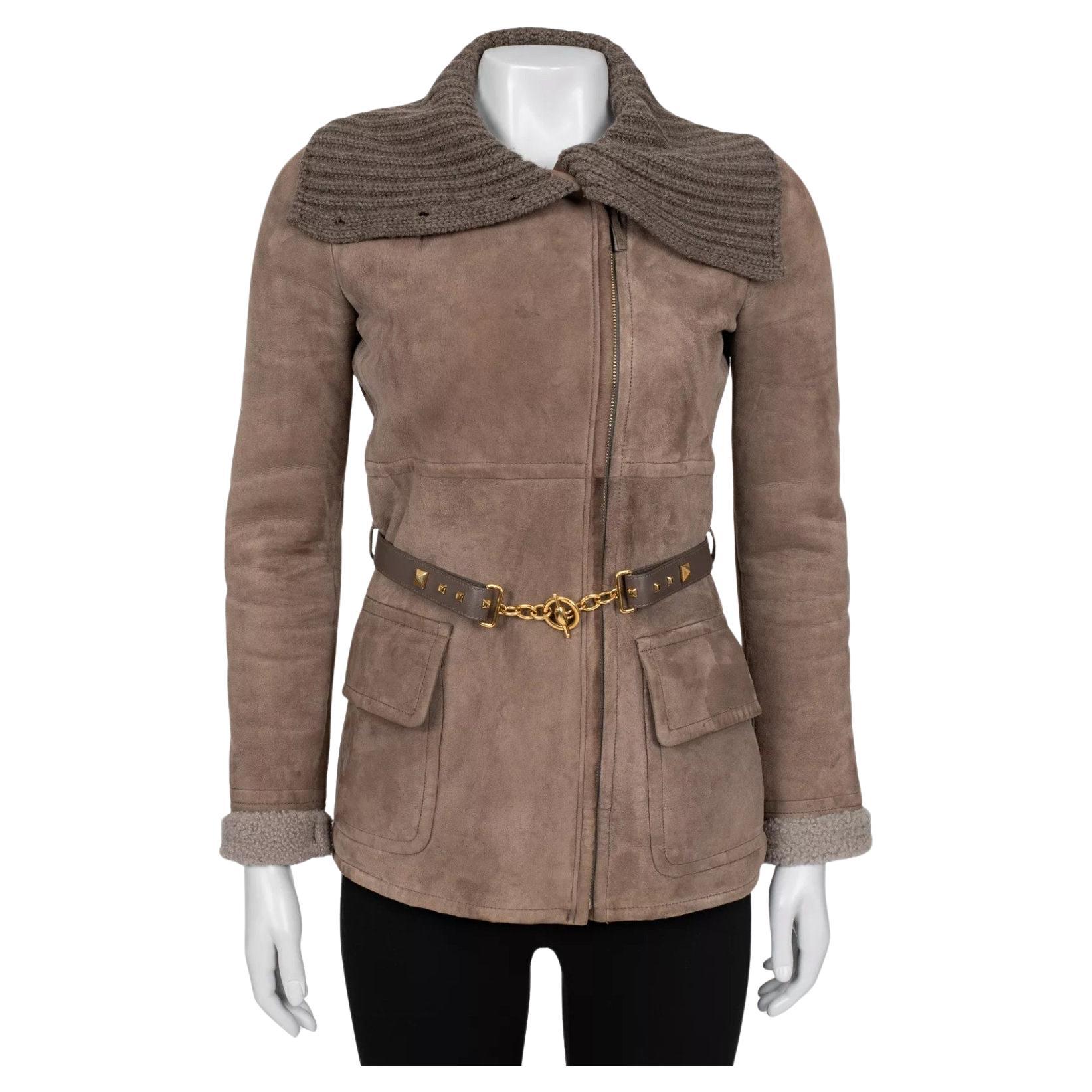 Col en cachemire Gucci  Veste en cuir ceinturée en shearling Sz.40