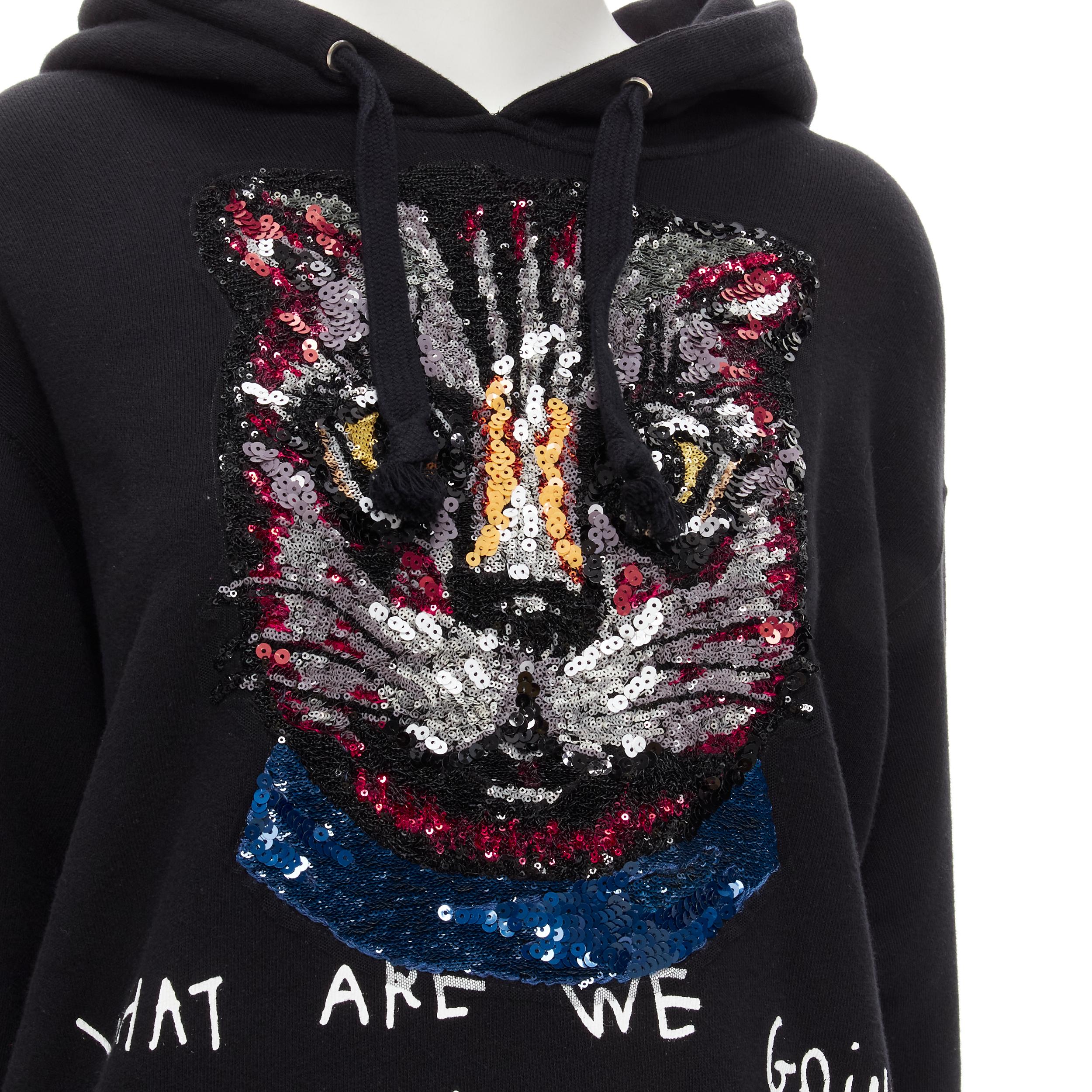 GUCCI Cat sequins Future print black cotton oversized hoodie S 
Reference: KEDG/A00071 
Brand: Gucci 
Designer: Alessandro Michele 
Material: Cotton 
Color: Black 
Pattern: Solid 
Closure: Drawstring 
Extra Detail: Cat face sequins. Cotton