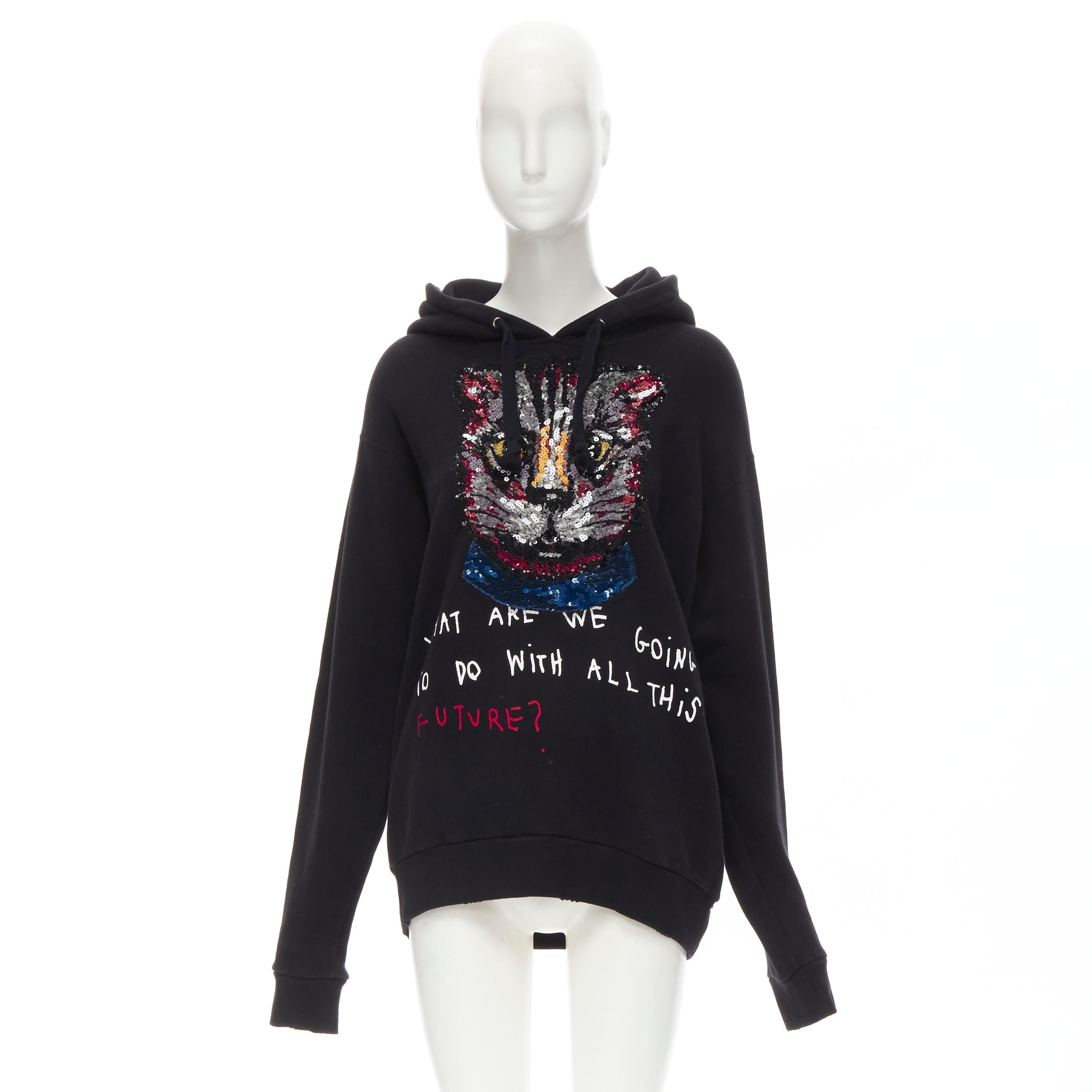 GUCCI Cat sequins Future print black cotton oversized hoodie S For Sale 1
