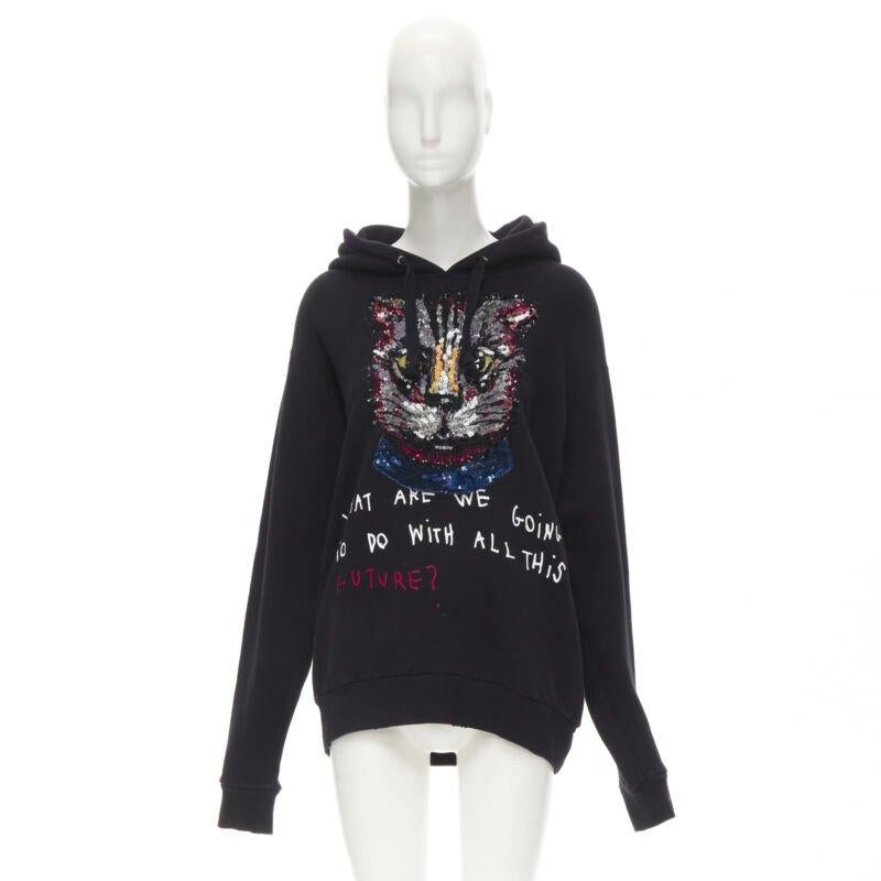 GUCCI Schwarzer übergroßer Hoodie aus Baumwolle mit Katzenpailletten und Future-Druck S im Angebot 5