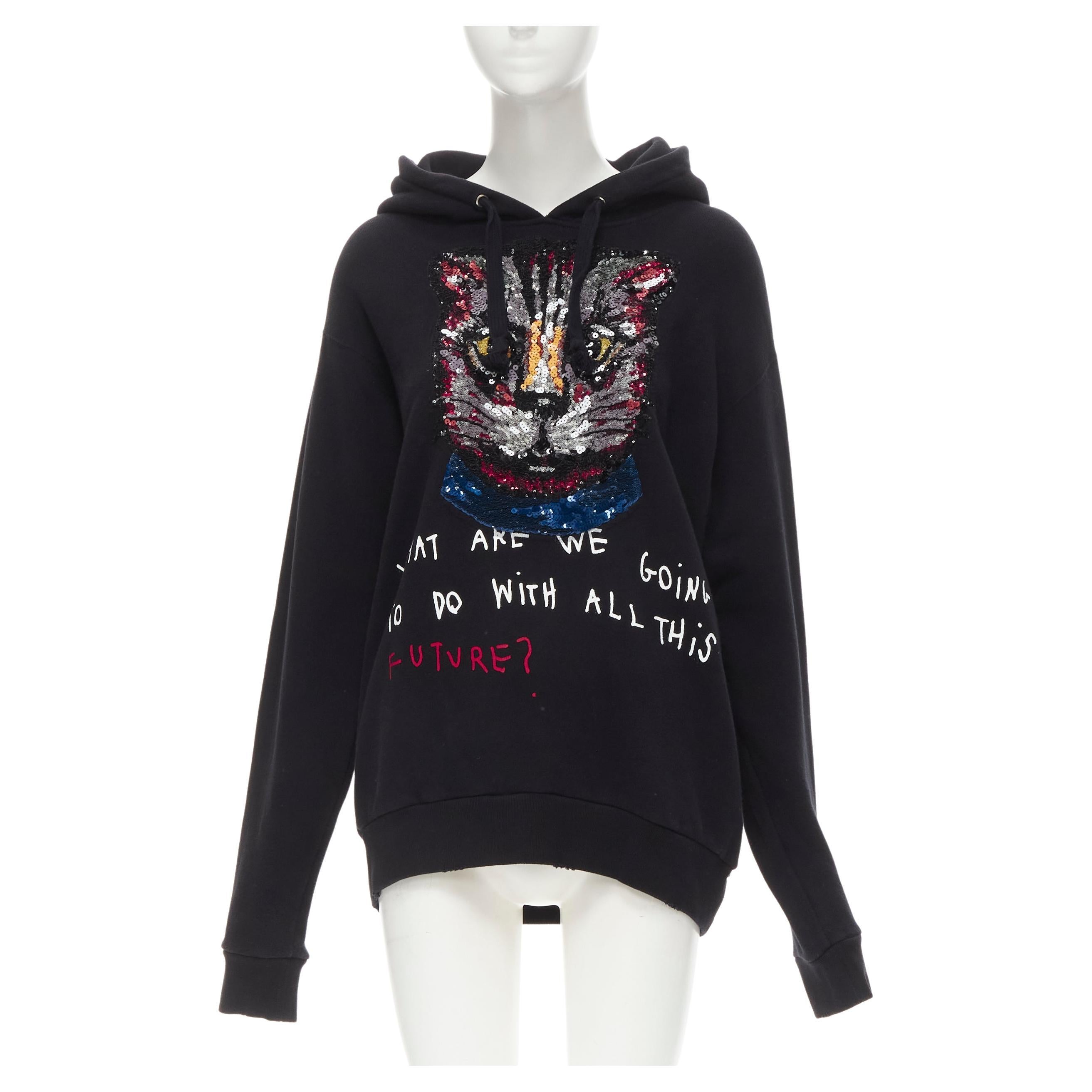 GUCCI Cat sequins Future print black cotton oversized hoodie S For Sale