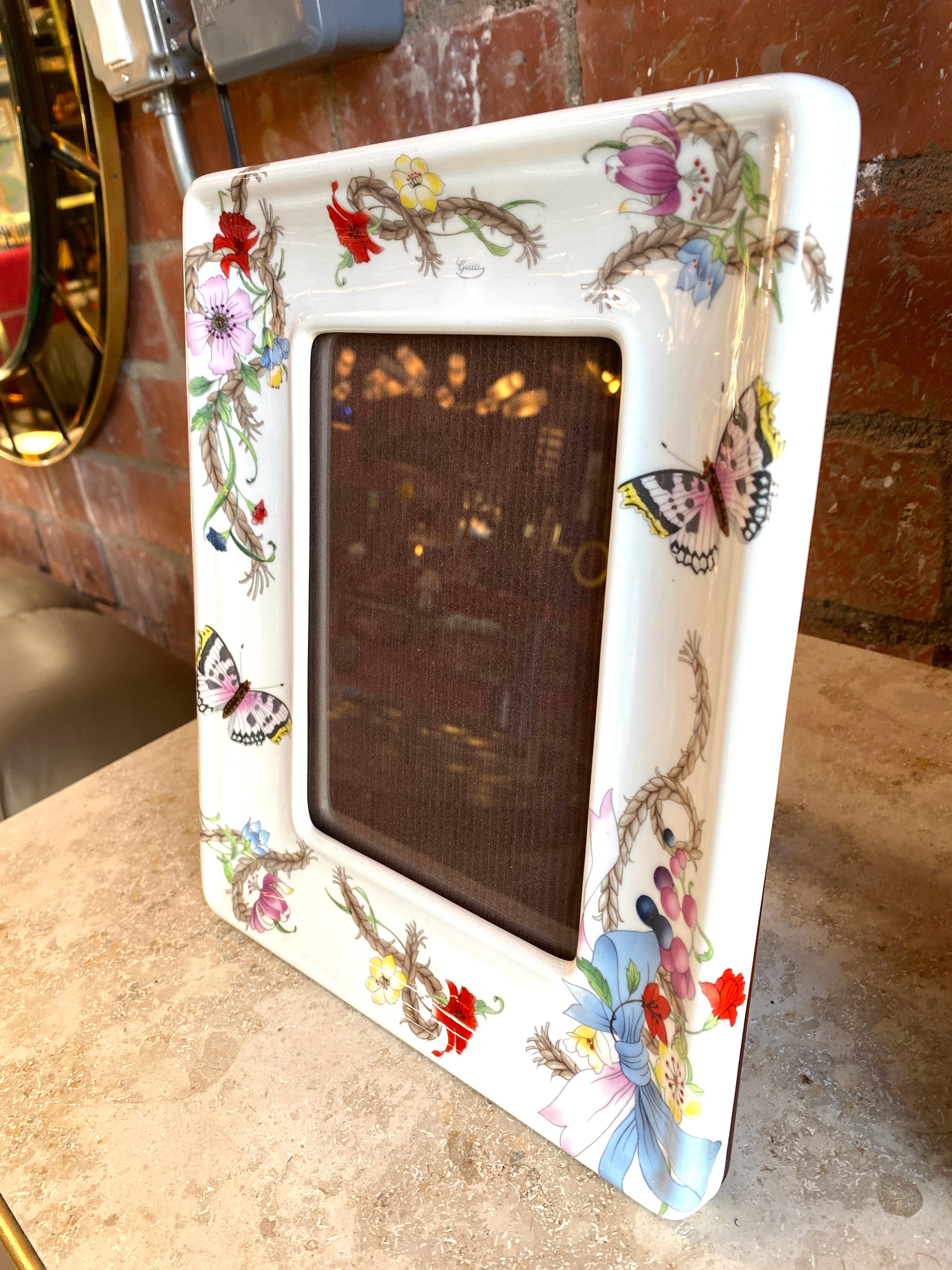 Modern Gucci Ceramic Frame Painted with Floral Designs, Signed