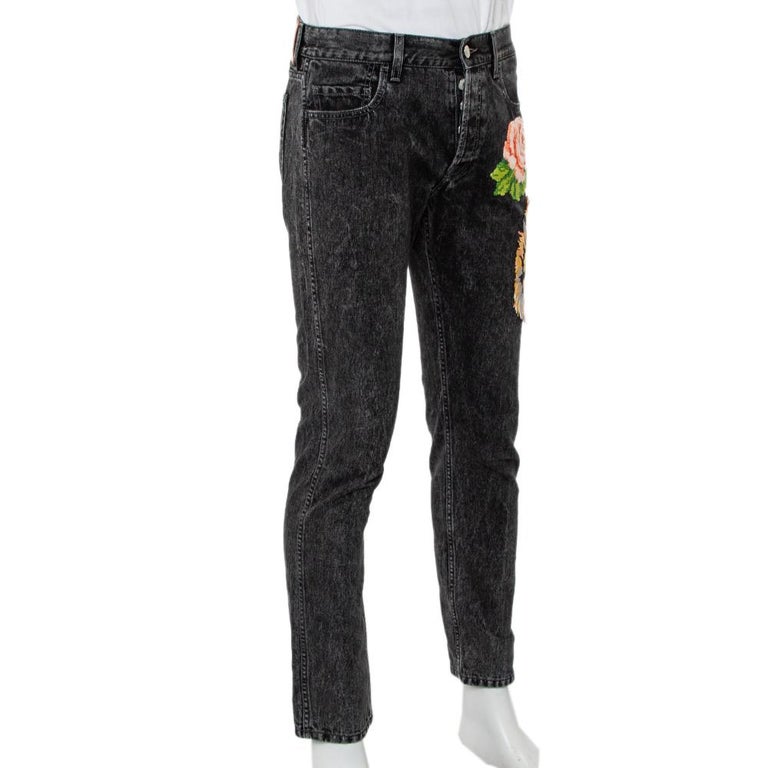 Gucci Charcoal Grey Denim Tiger and Floral Applique Tapered Jeans M at  1stDibs
