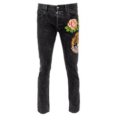 Gucci Charcoal Grey Denim Tiger & Floral Applique Tapered Jeans M
