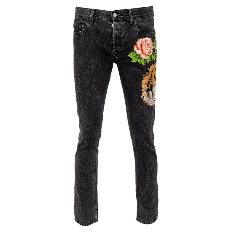 Gucci Charcoal Grey Denim Tiger and Floral Applique Tapered Jeans M at  1stDibs