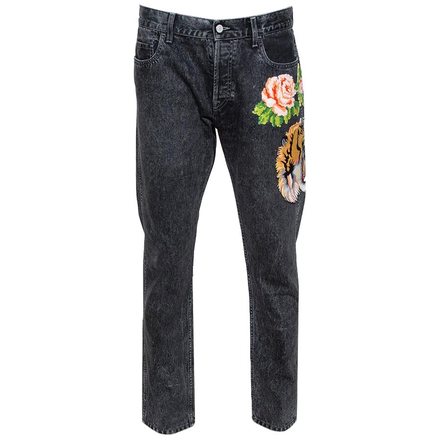 Gucci Charcoal Grey Denim Tiger 
Floral Applique Tapered Jeans XL