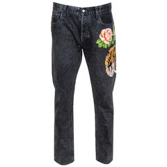 Gucci Charcoal Grey Denim Tiger & Floral Applique Tapered Jeans XL