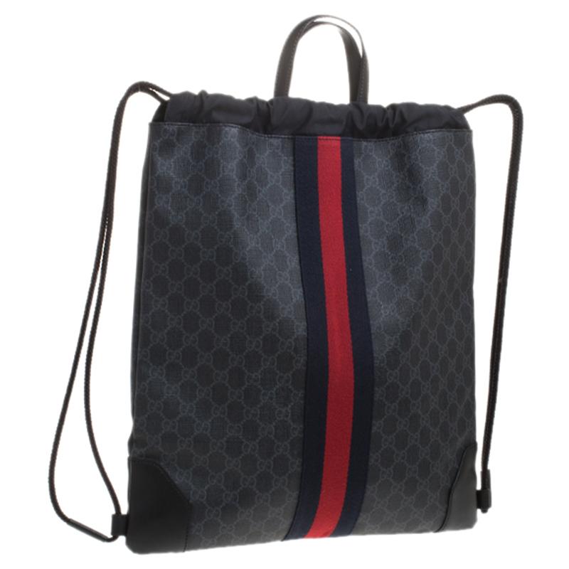 Gucci Charcoal Soft GG Supreme Canvas Drawstring Backpack In Excellent Condition In Dubai, Al Qouz 2