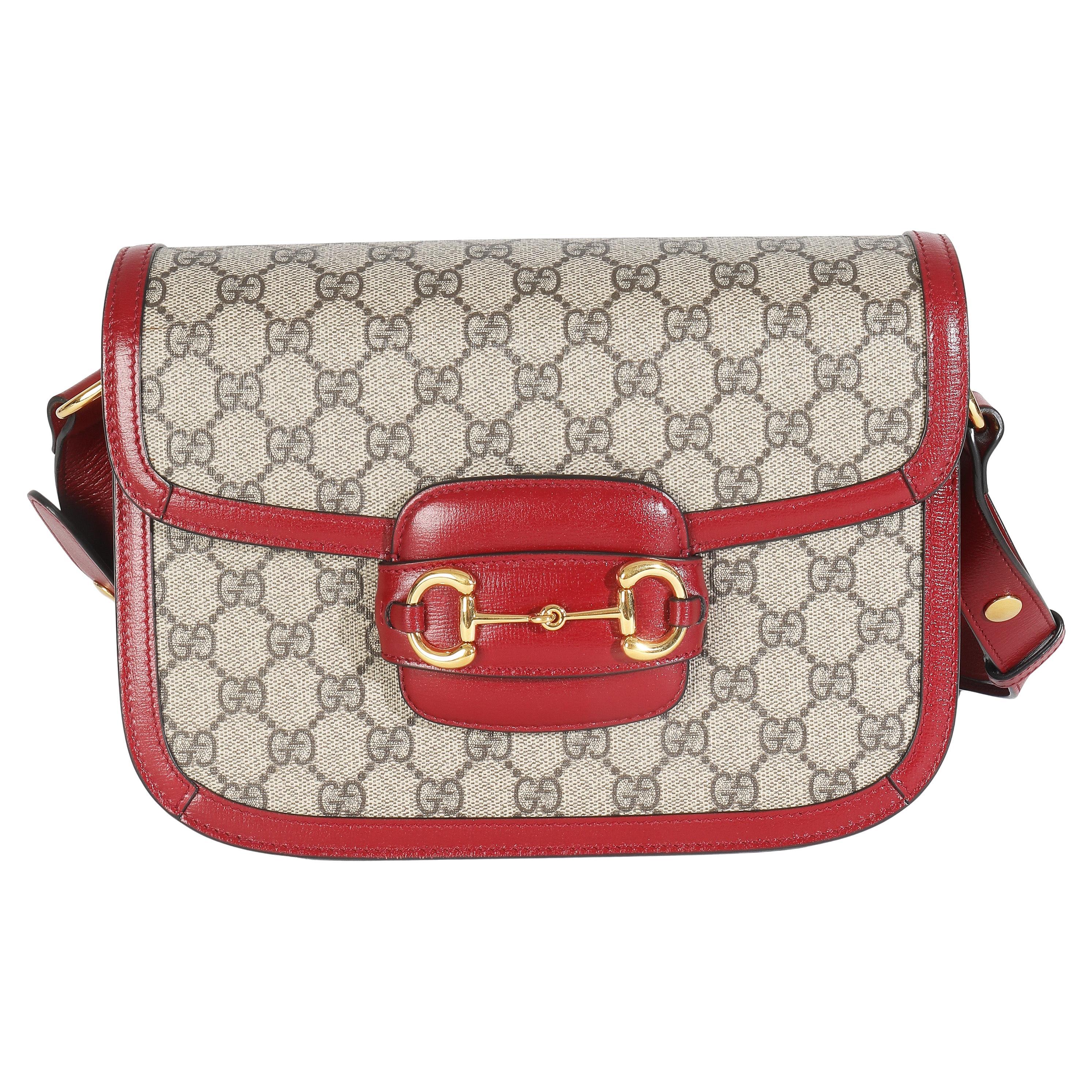 Gucci Cherry Red Beige GG Supreme Azalea Calfskin Horsebit 1955 Shoulder Bag