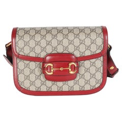Gucci Cherry Red Beige GG Supreme Azalea Calfskin Horsebit 1955 Shoulder Bag