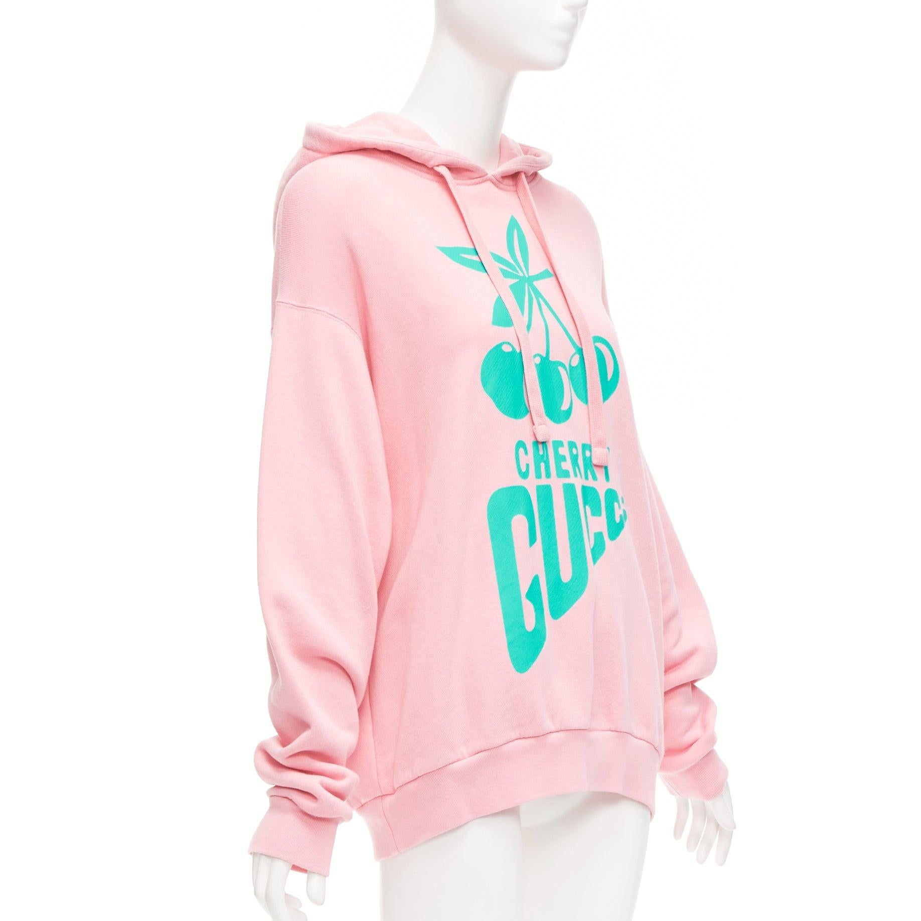 GUCCI Cherry sugar pink aqua green cherry print long boxy hoodie S In Excellent Condition For Sale In Hong Kong, NT