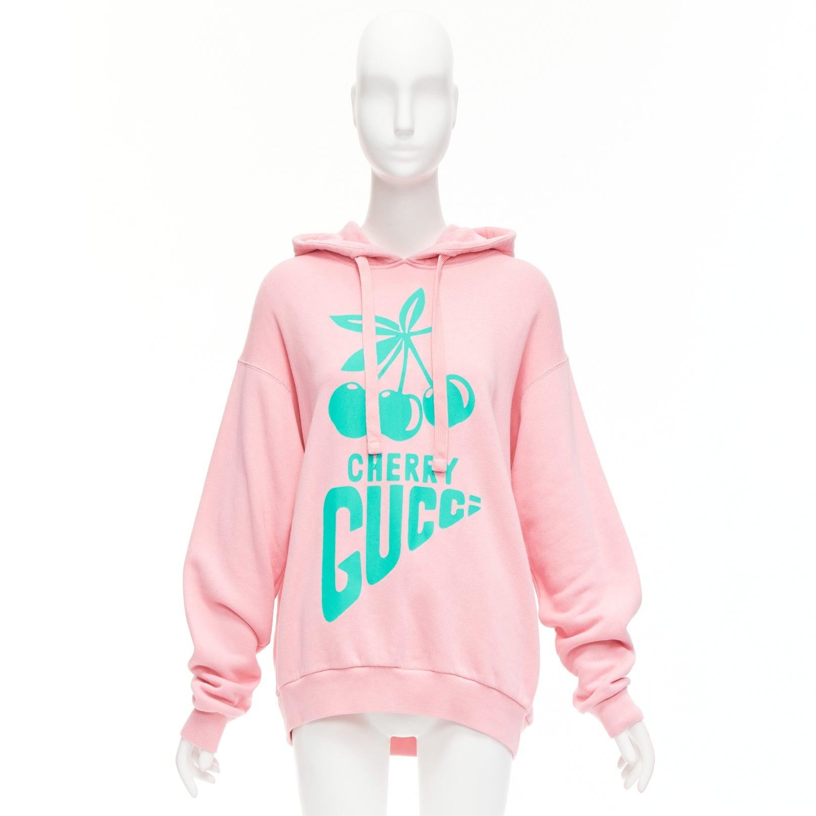 GUCCI Cherry sugar pink aqua green cherry print long boxy hoodie S For Sale 5