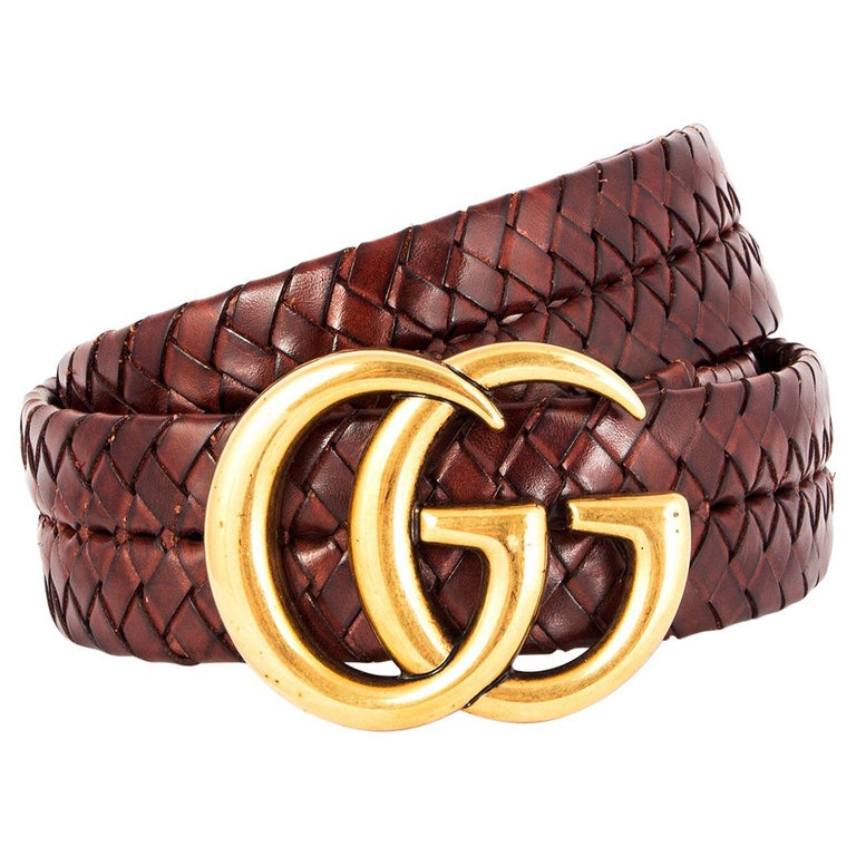 GUCCI chestnut brown leather BRAIDED GG BUCKLE BELT 80 at  display picture 2