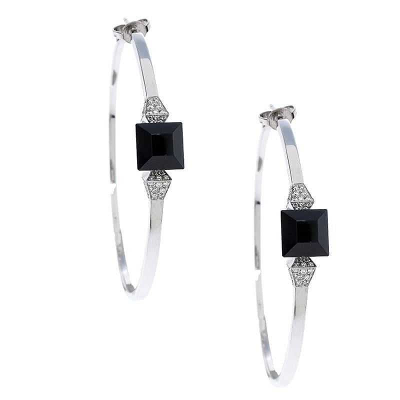 Contemporary Gucci Chiodo Onyx Diamond 18K White Gold Hoop Earrings