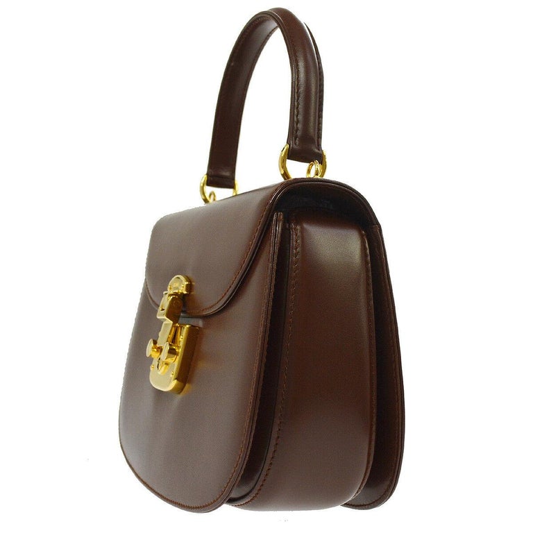 Gucci Chocolate Leather Gold Kelly Style Top Handle Satchel Flap Bag in Box For Sale at 1stDibs