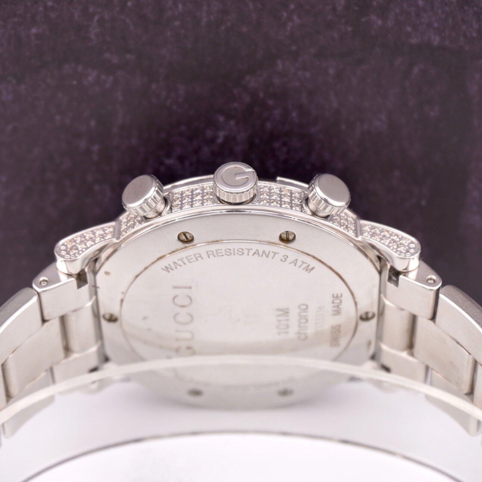 Round Cut Gucci Chrono 101M Men's 44mm Iced 7ct Diamond Quartz Steel Black Dial Watch