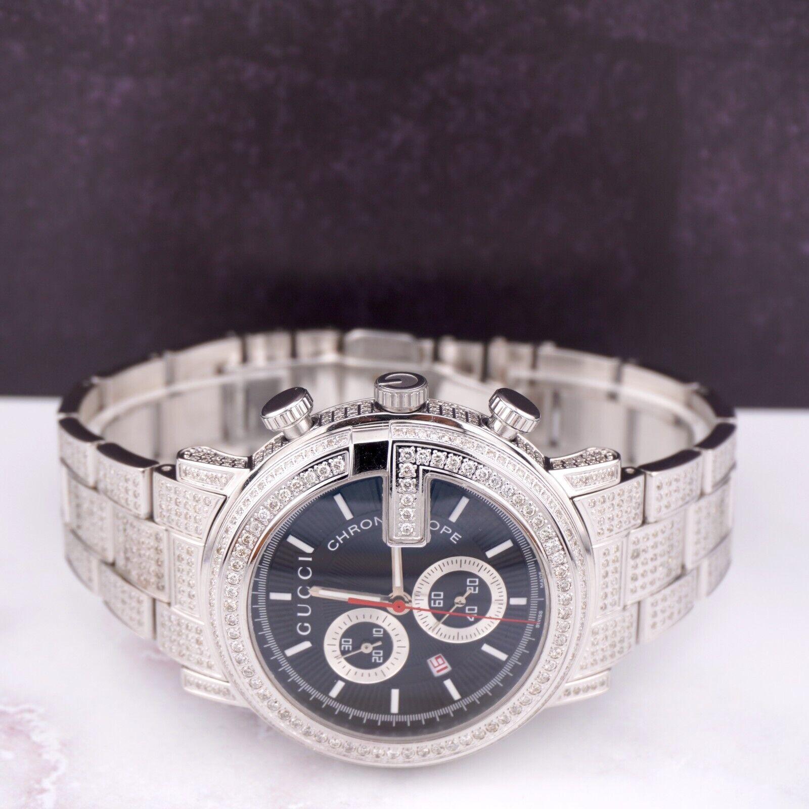 Gucci Chrono 101M Men's 44mm Iced 7ct Diamond Quartz Steel Black Dial Watch In Good Condition In Pleasanton, CA