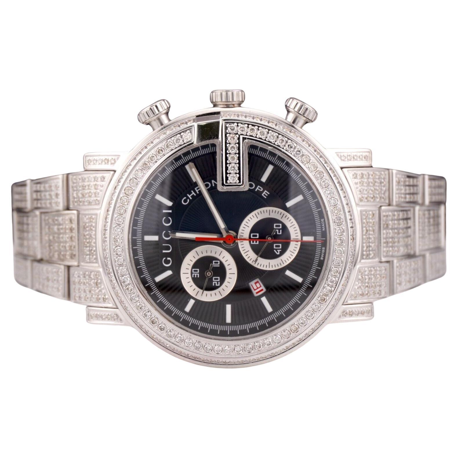 Gucci Chrono 101M Men's 44mm Iced 7ct Diamond Quartz Steel Black Dial Watch