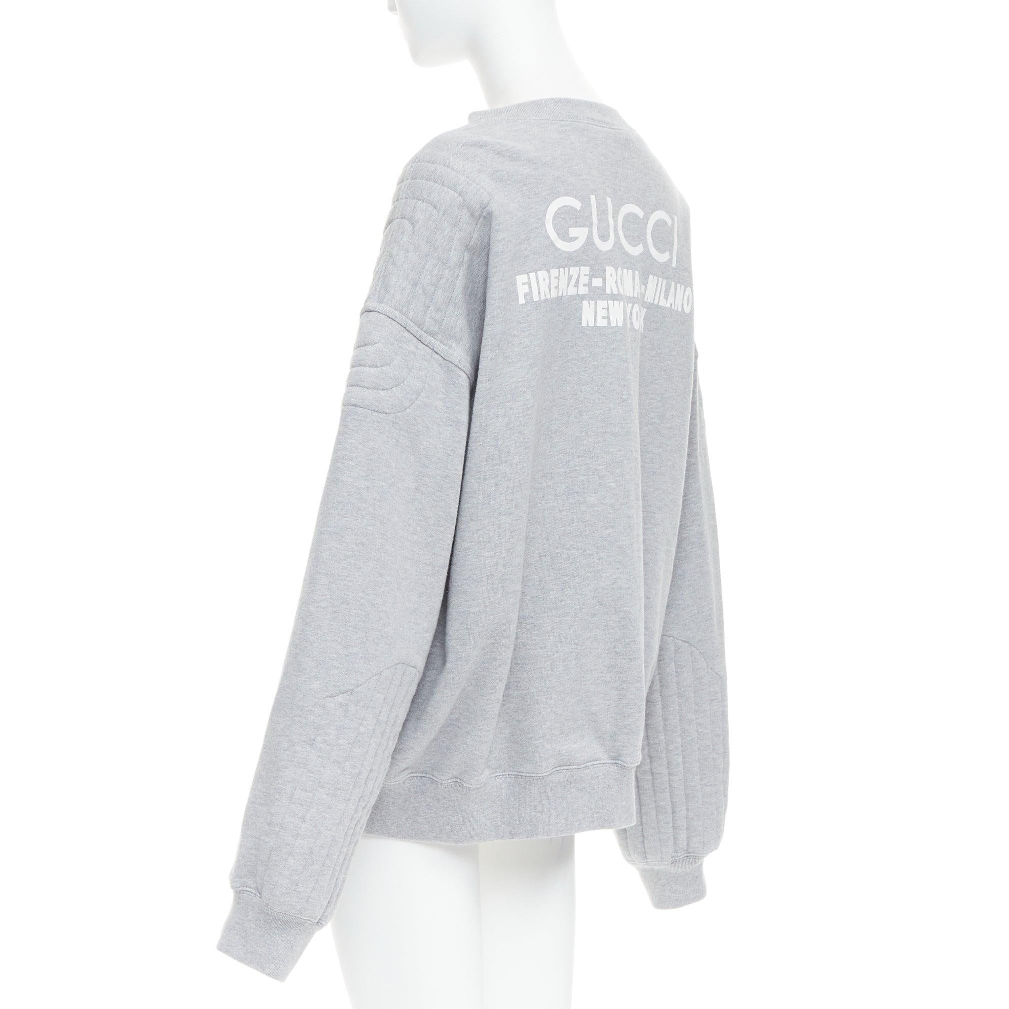 Women's GUCCI Cities grey cotton white logo back quilted shoulder oversized pullover XXL For Sale