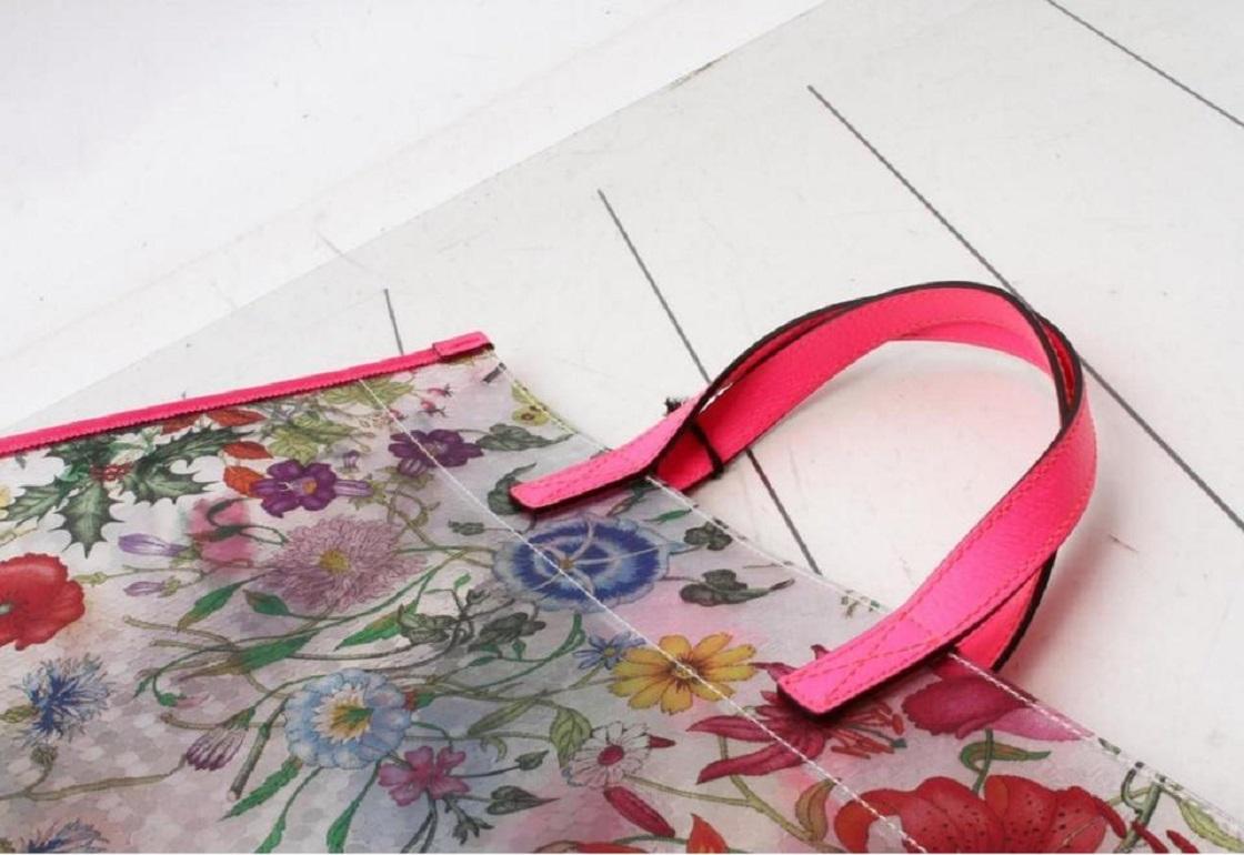 Pink Gucci Clear Flower Vinyl Flora Tote Fluorescent Fuchsia Tote Bag 862153
