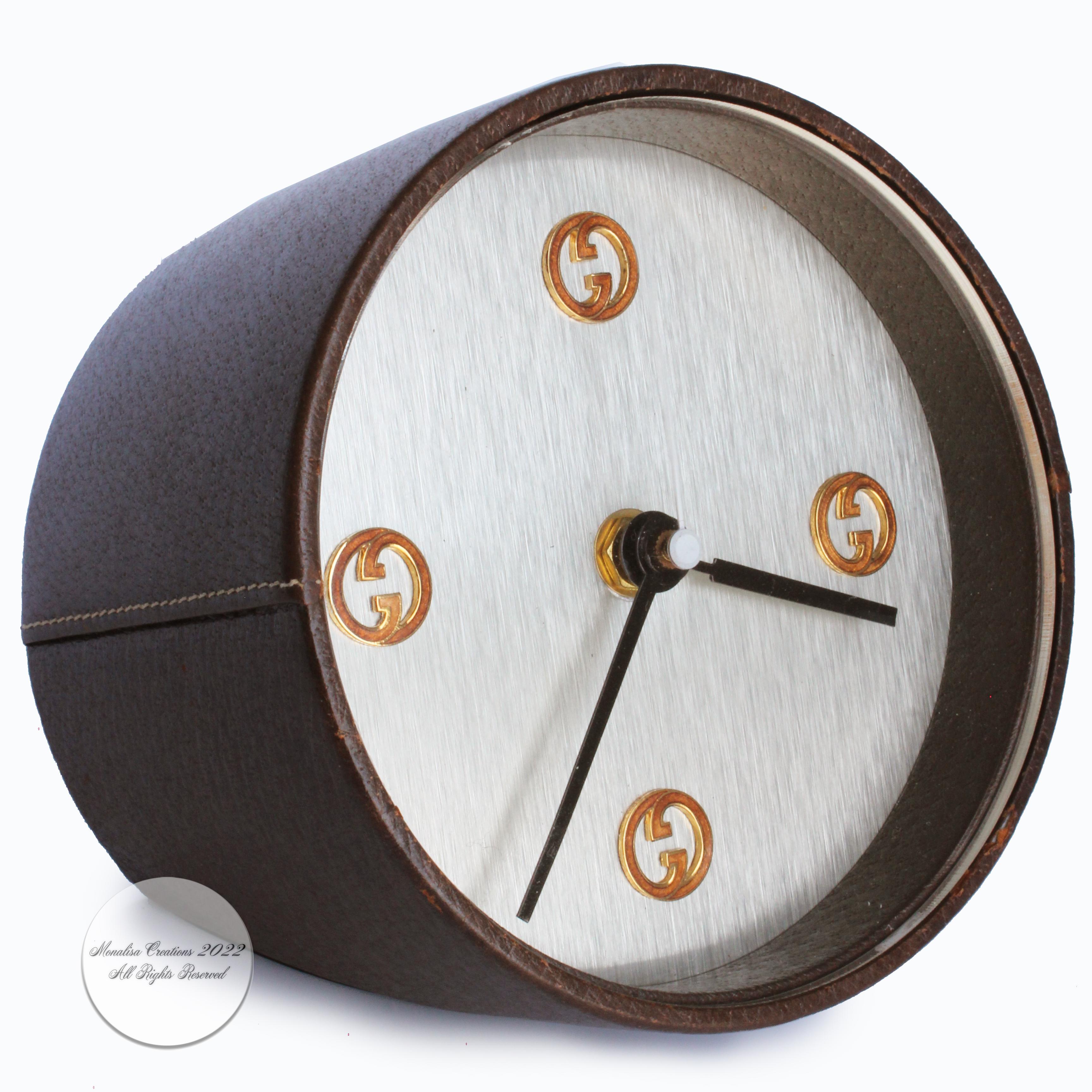 Gray Gucci Clock Pigskin Leather GG Logo Home Decor Interior Design Rare Vintage 