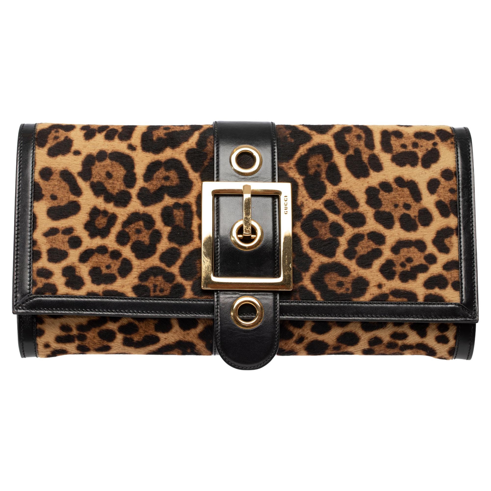 Gucci Clutch With Leopard Print Gold Tone Hardware For Sale