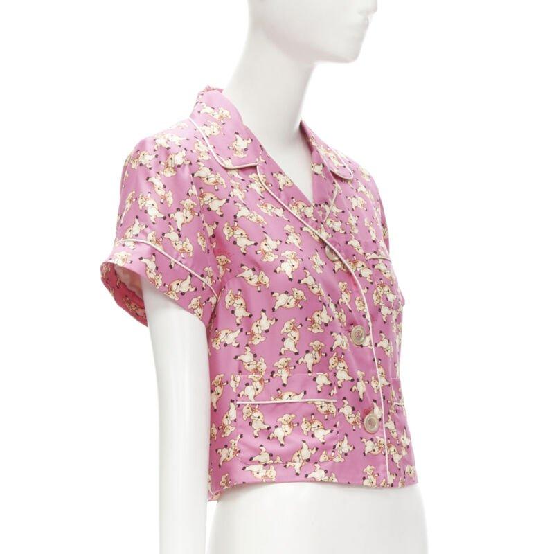 Beige GUCCI CNY 2019 100% silk pink piggy print cropped pajama shirt IT36 XS rare For Sale