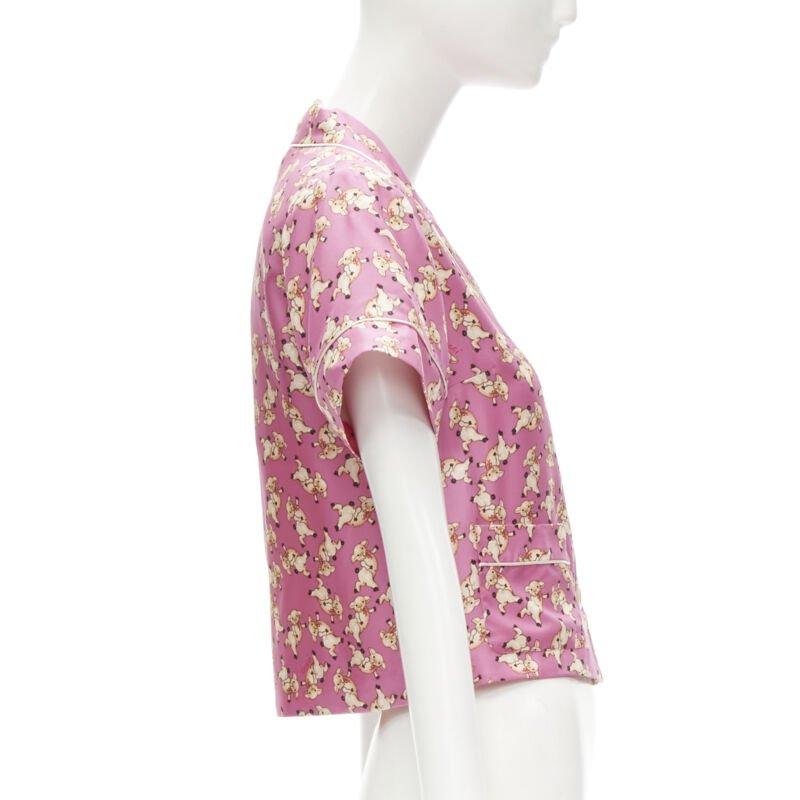 GUCCI CNY 2019 100% silk pink piggy print cropped pajama shirt IT36 XS rare In Excellent Condition For Sale In Hong Kong, NT