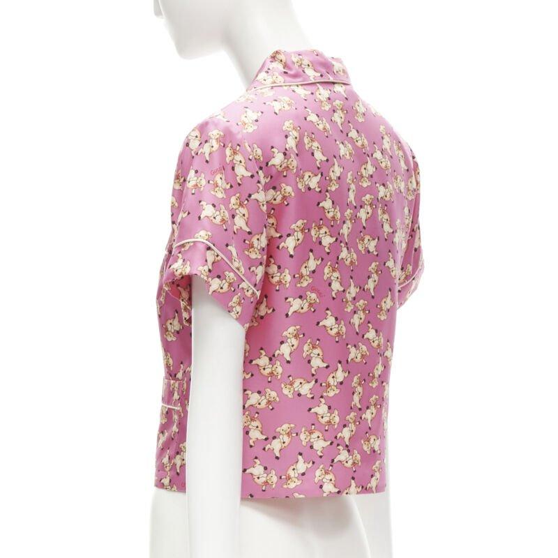 GUCCI CNY 2019 100% silk pink piggy print cropped pajama shirt IT36 XS rare For Sale 1
