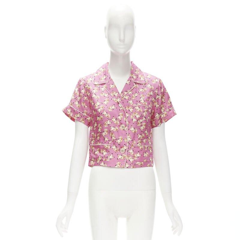 GUCCI CNY 2019 100% silk pink piggy print cropped pajama shirt IT36 XS rare For Sale 4