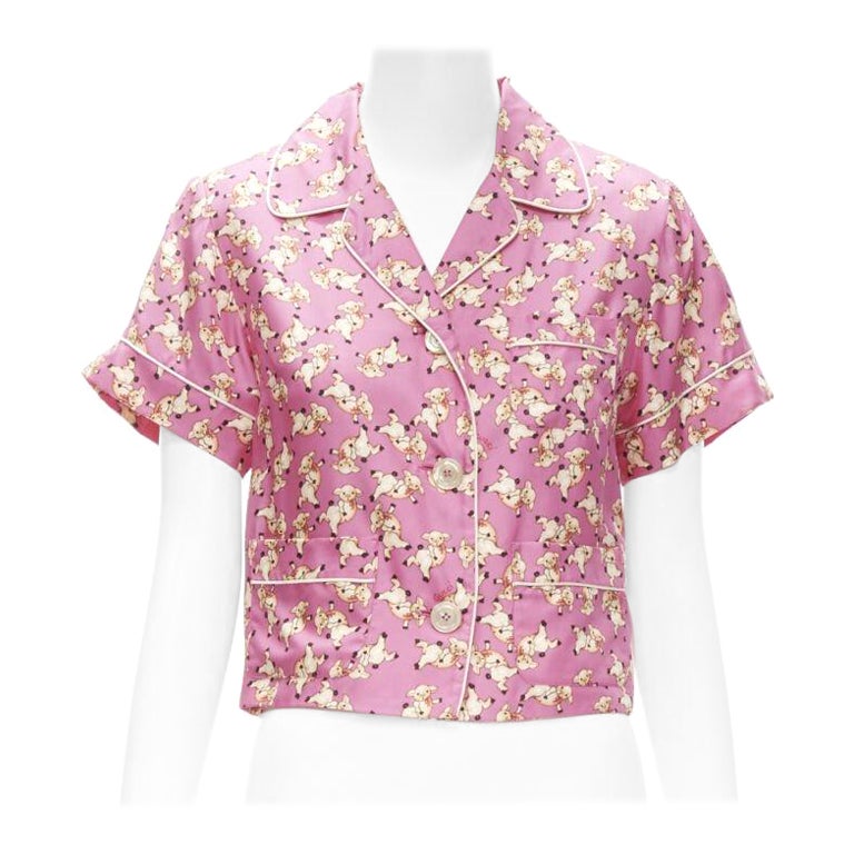 GUCCI CNY 2019 100% Seide Rosa Piggy Print Cropped Pajama Shirt IT36 XS selten