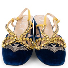 GUCCI cobalt blue 2019 BAT & CRYSTAL TRIM VELVET Slingbacks Shoes 38.5
