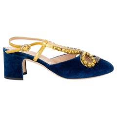 GUCCI cobalt blue 2019 BAT & CRYSTAL TRIM VELVET Slingbacks Shoes 38.5