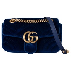 GUCCI Cobalt blue GG MARMONT MINI MATELASSE VELVET Shoulder Bag