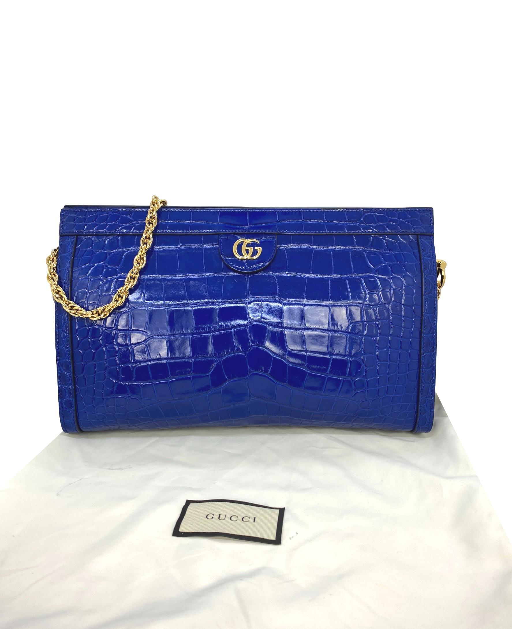 Rare Gucci Cobalt Ophidia Crocodile Shoulder Crossbody Bag, 2019. First introduced in the 2018 Cruise Line by the iconic fashion house, the Ophidia debuted and has transitioned over the years in materials, style and function. This incredible and