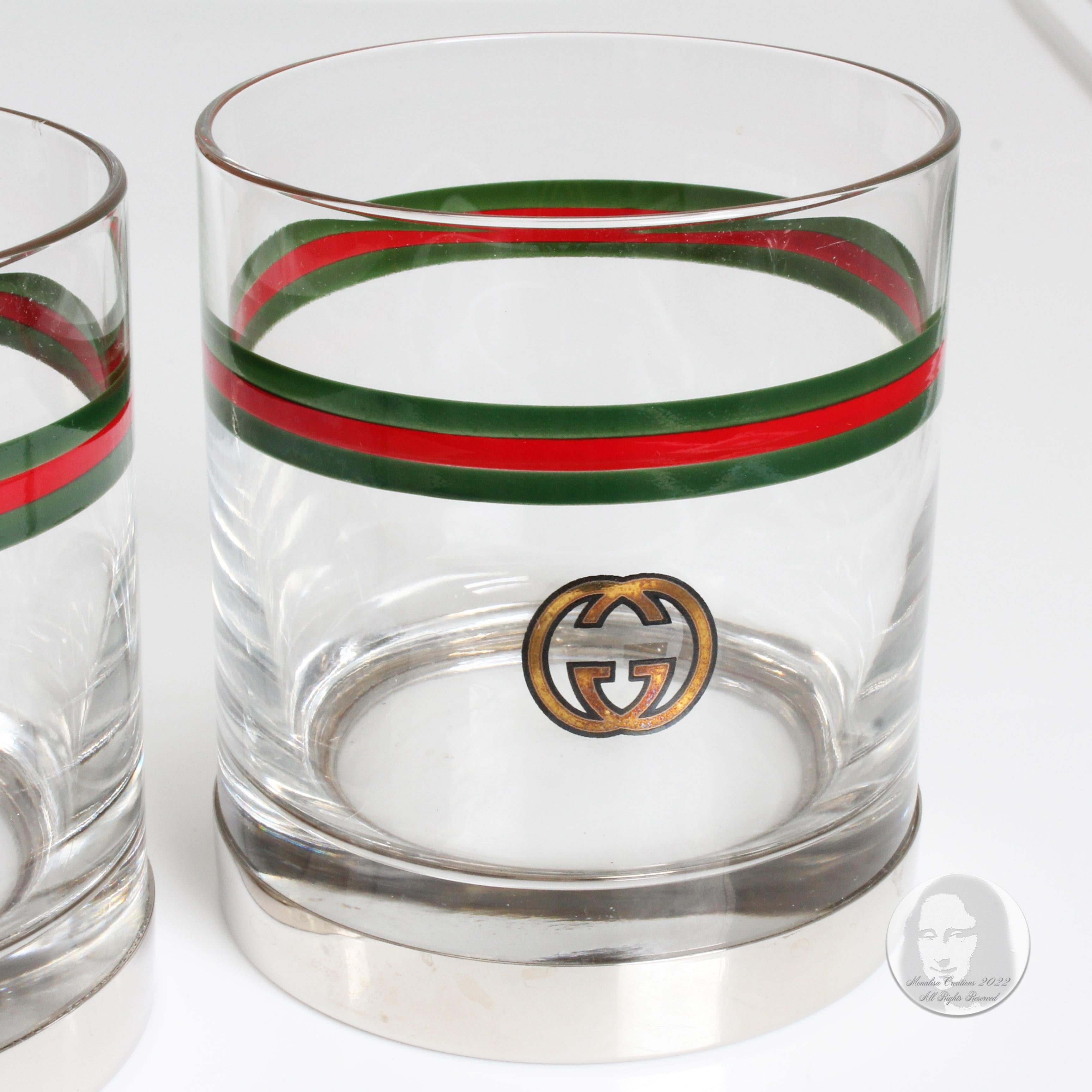 Gucci Cocktail Glasses with Silver Base GG Logo Webbing 2pc Set Barware Vintage 3