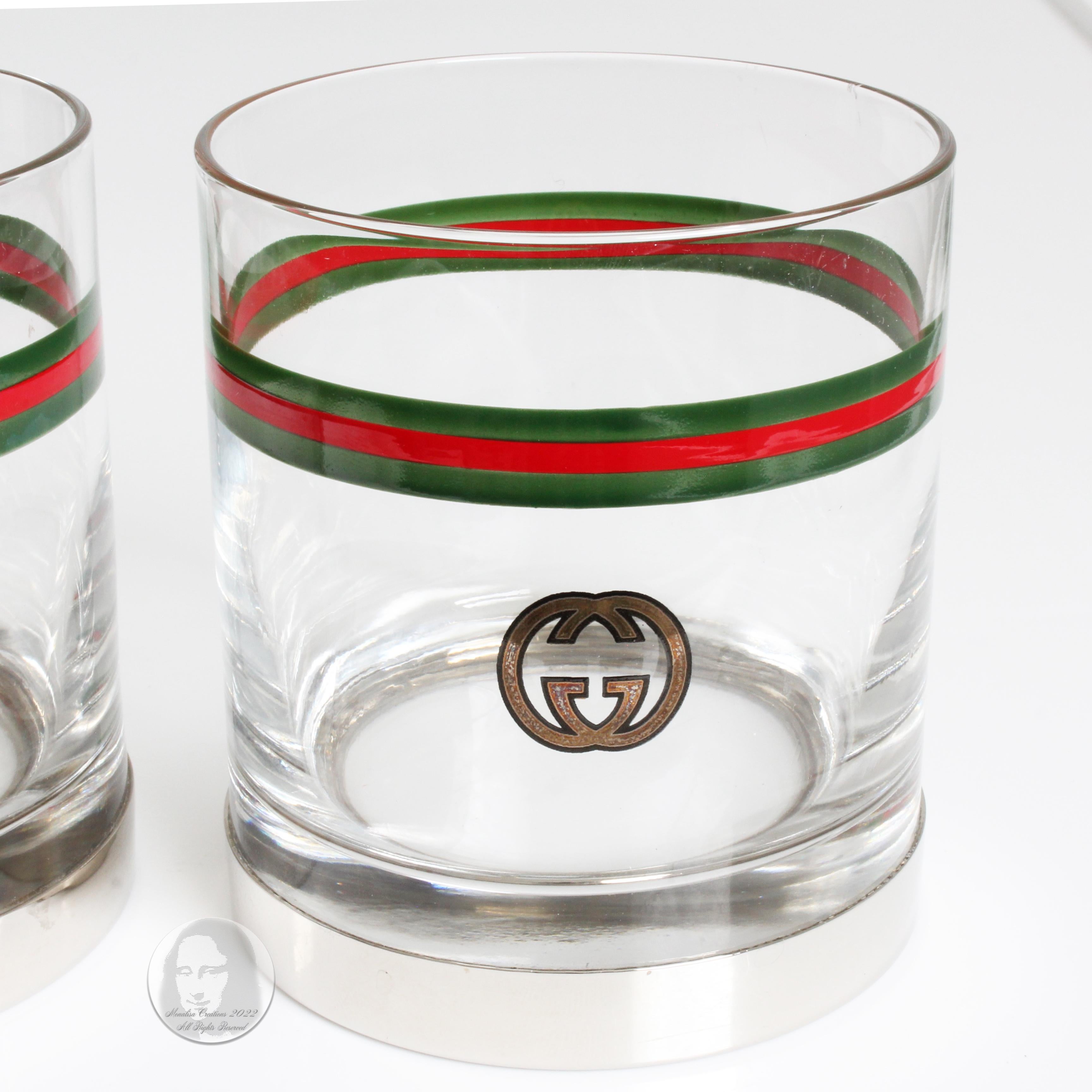 Gucci Cocktail Glasses with Silver Base GG Logo Webbing 2pc Set Barware Vintage 4