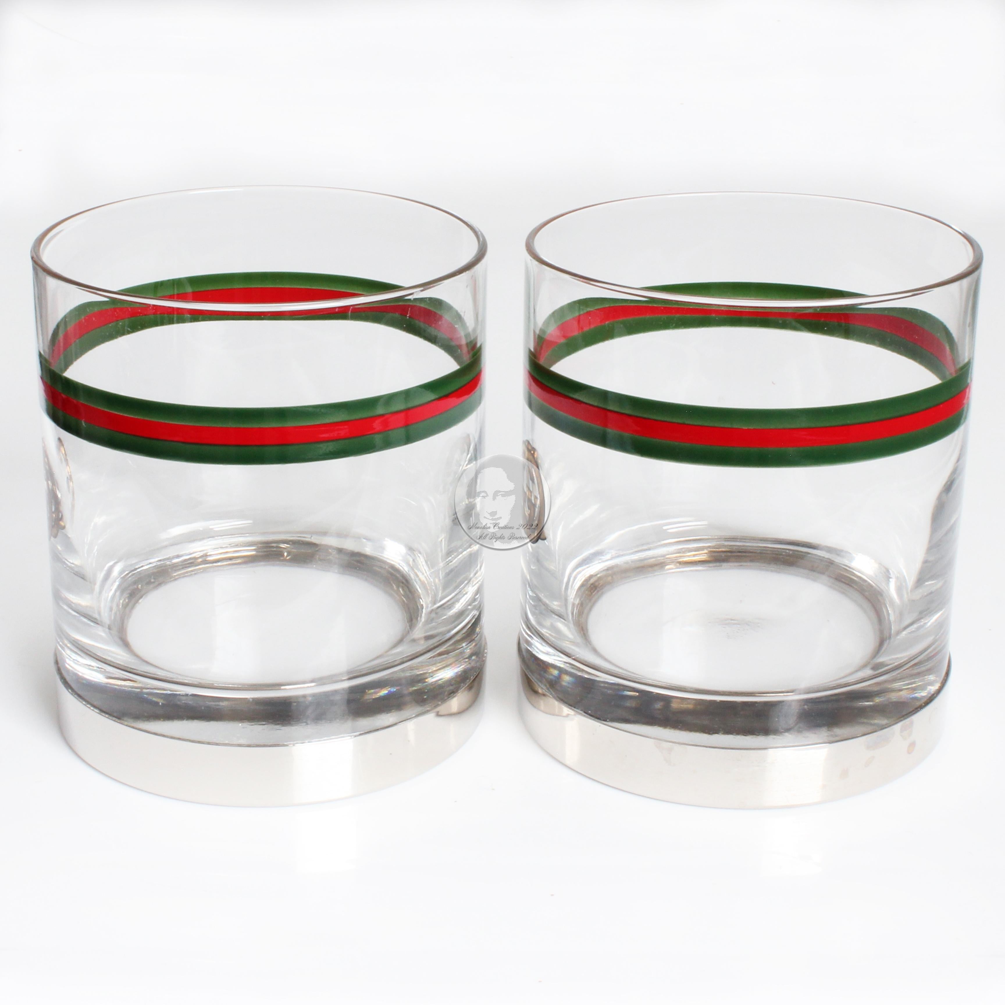 Gucci Cocktail Glasses with Silver Base GG Logo Webbing 2pc Set Barware Vintage In Good Condition In Port Saint Lucie, FL