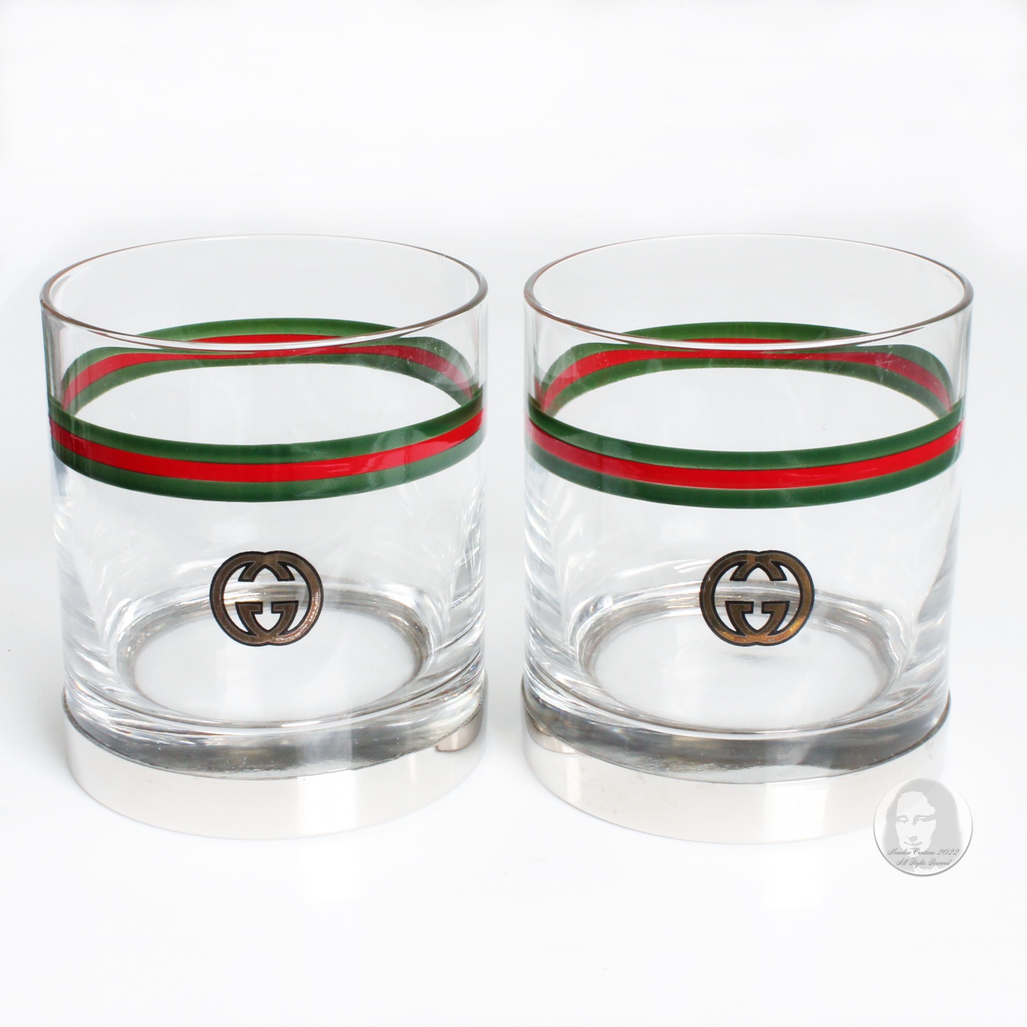 Women's or Men's Gucci Cocktail Glasses with Silver Base GG Logo Webbing 2pc Set Barware Vintage