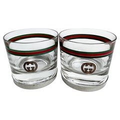 Gucci Cocktail Glasses with Silver Base GG Logo Webbing 2pc Set Barware Vintage