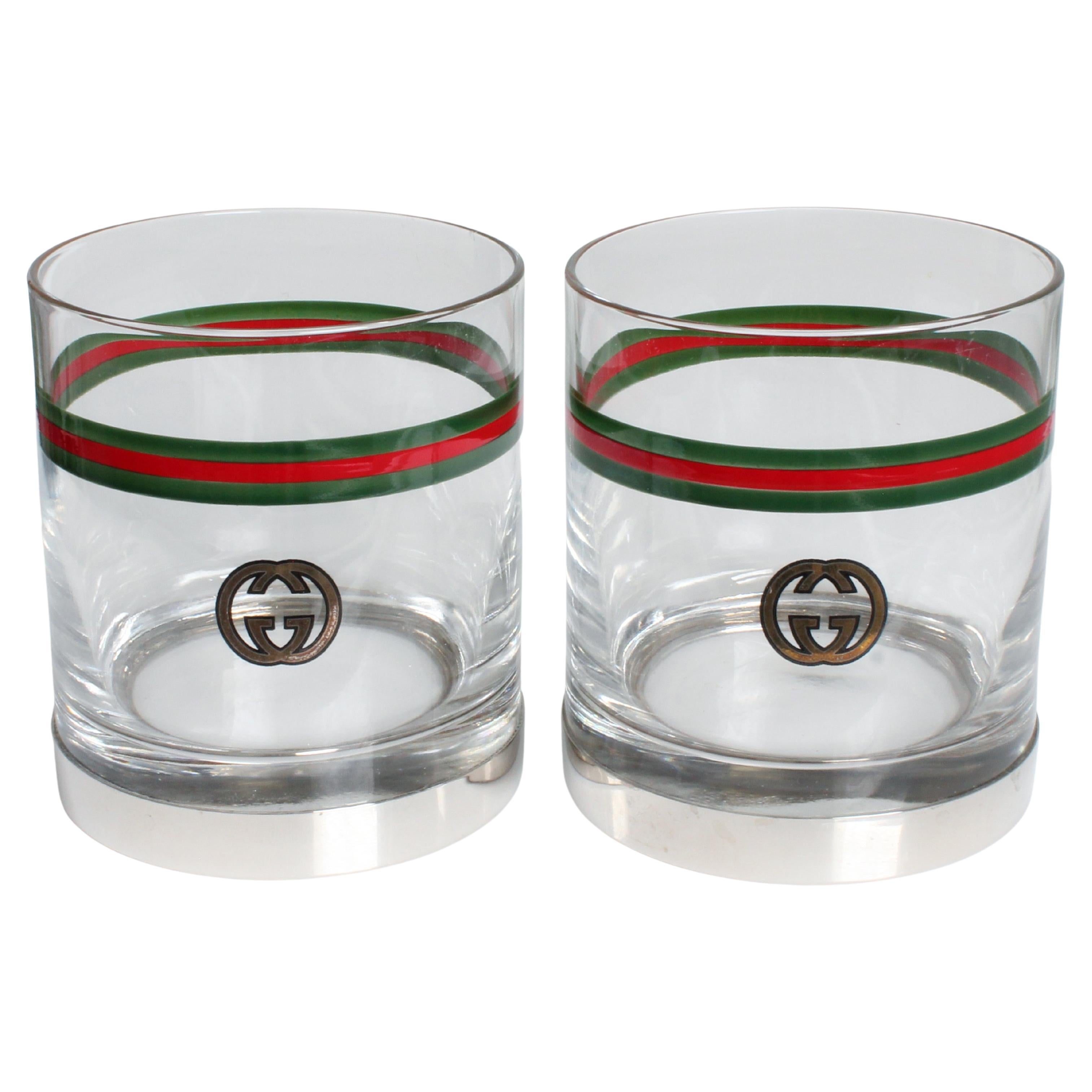 Gucci Cocktail Glasses with Silver Base GG Logo Webbing 2pc Set Barware Vintage