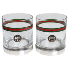 Gucci Cocktail Glasses with Silver Base GG Logo Webbing 2pc Set Barware Vintage