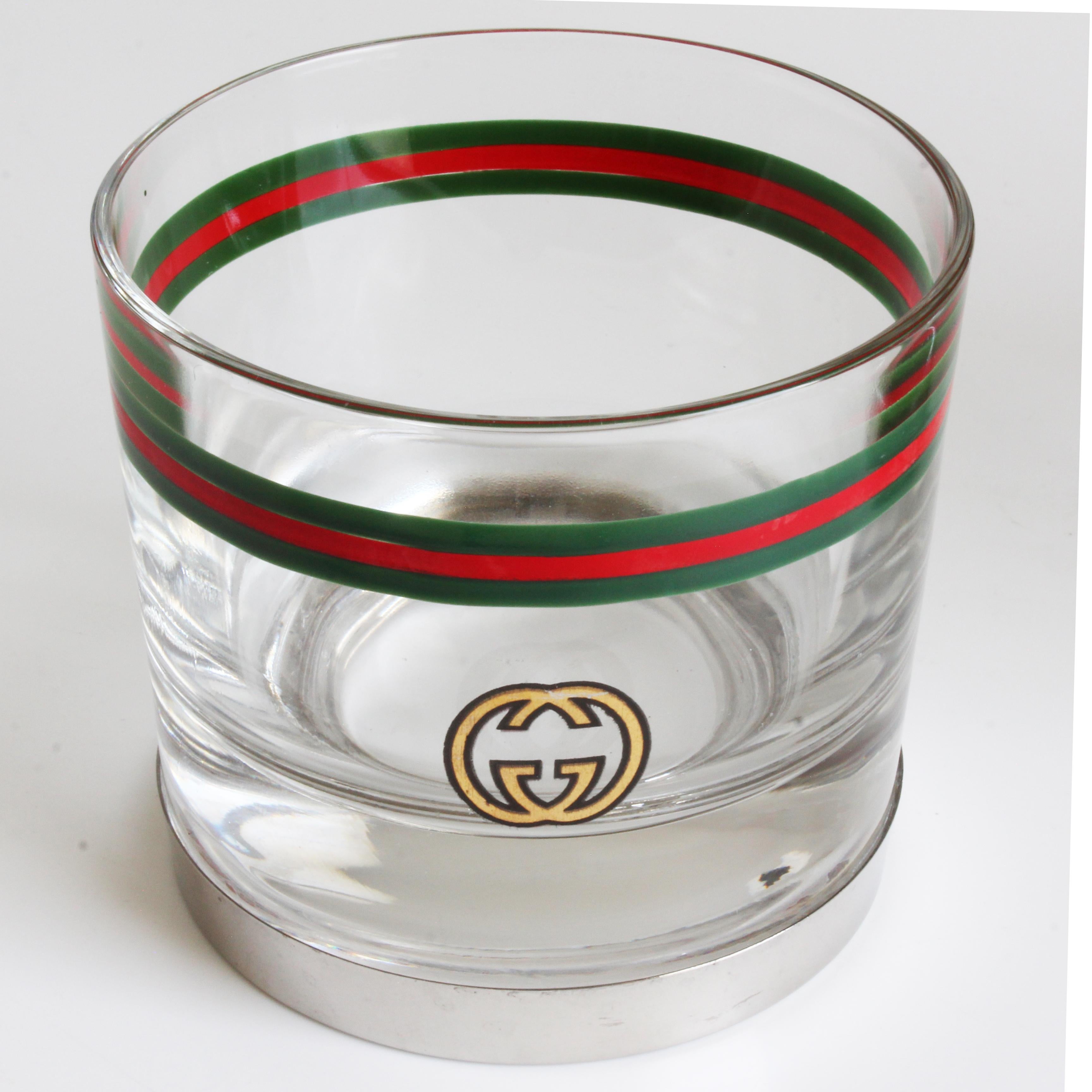 Gucci Cocktail Glasses with Silver Base GG Logo Webbing 3pc Set Barware Vintage For Sale 8
