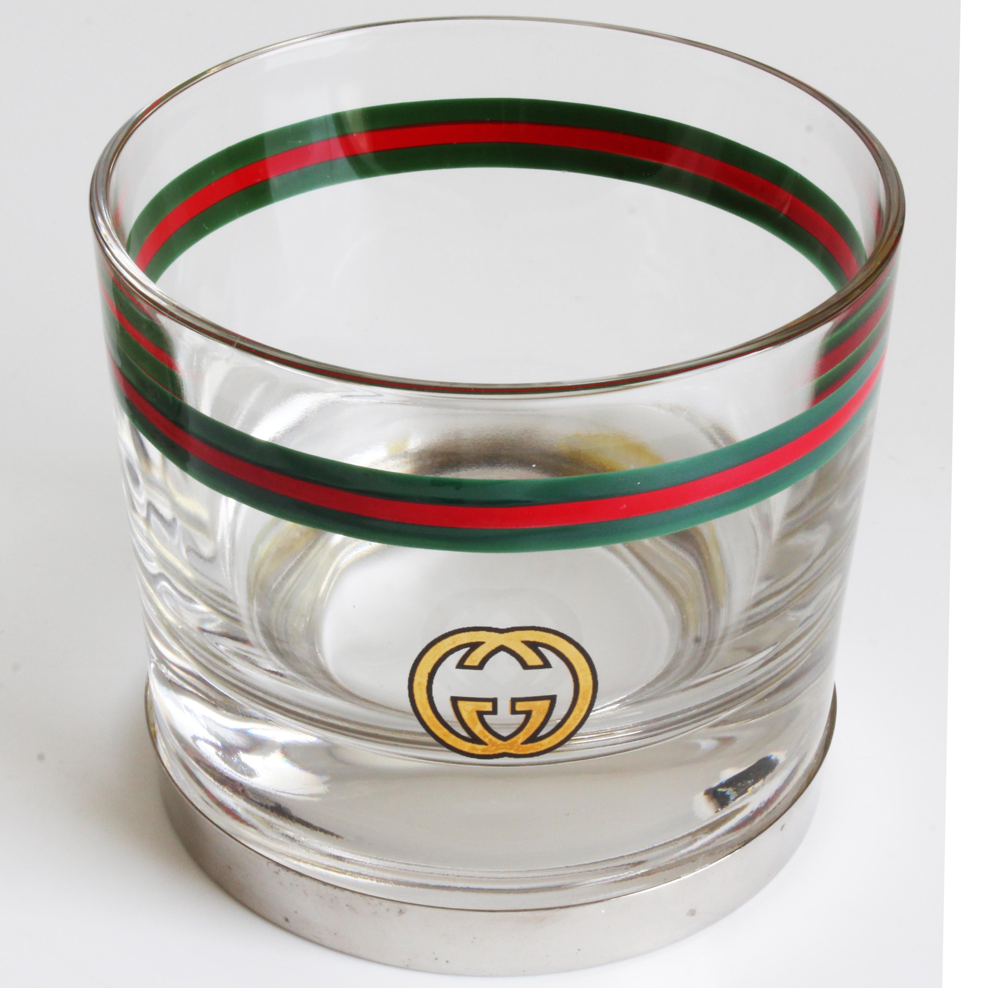 Gucci Cocktail Glasses with Silver Base GG Logo Webbing 3pc Set Barware Vintage For Sale 9