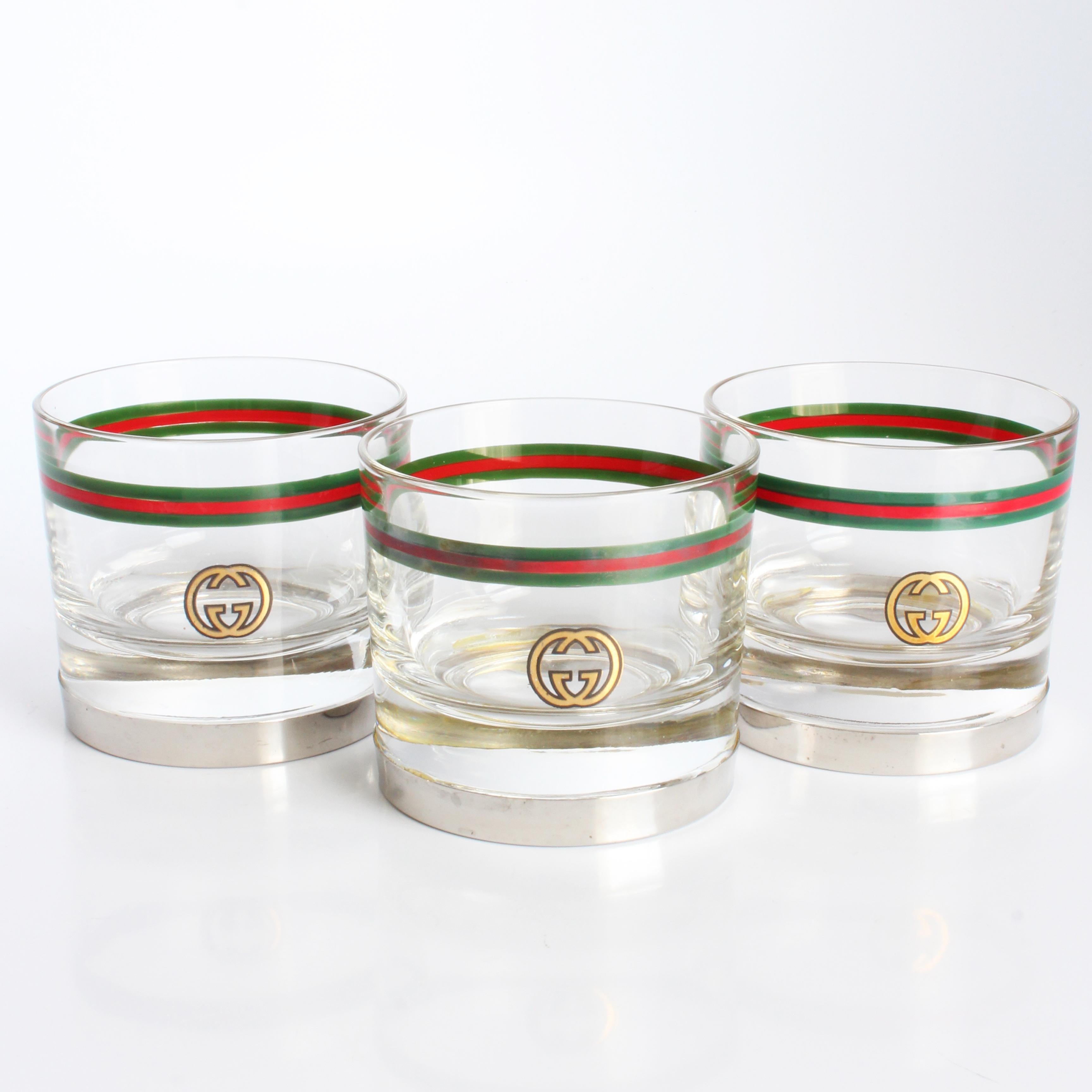 Gucci Cocktail Glasses with Silver Base GG Logo Webbing 3pc Set Barware Vintage In Good Condition For Sale In Port Saint Lucie, FL