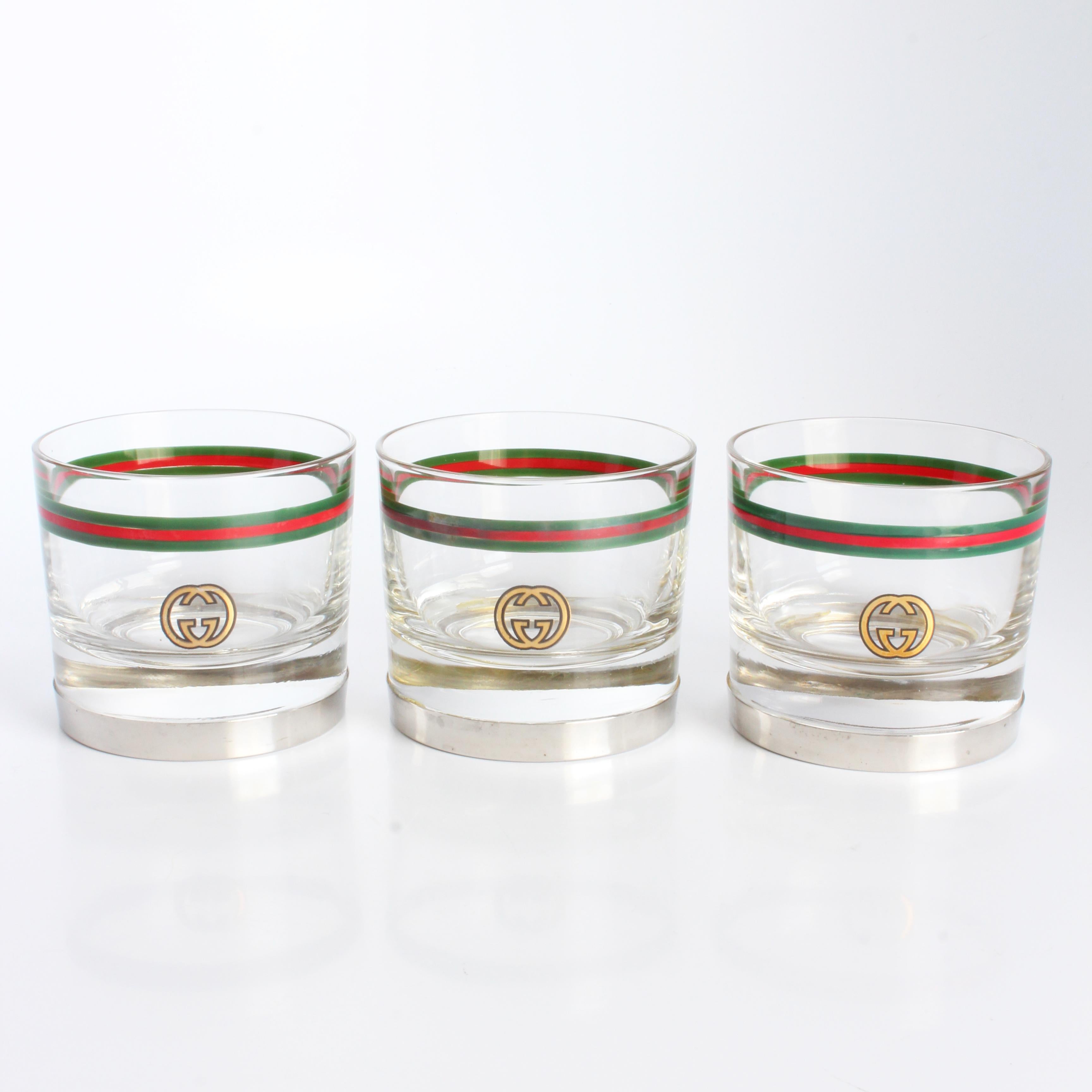 Women's or Men's Gucci Cocktail Glasses with Silver Base GG Logo Webbing 3pc Set Barware Vintage For Sale