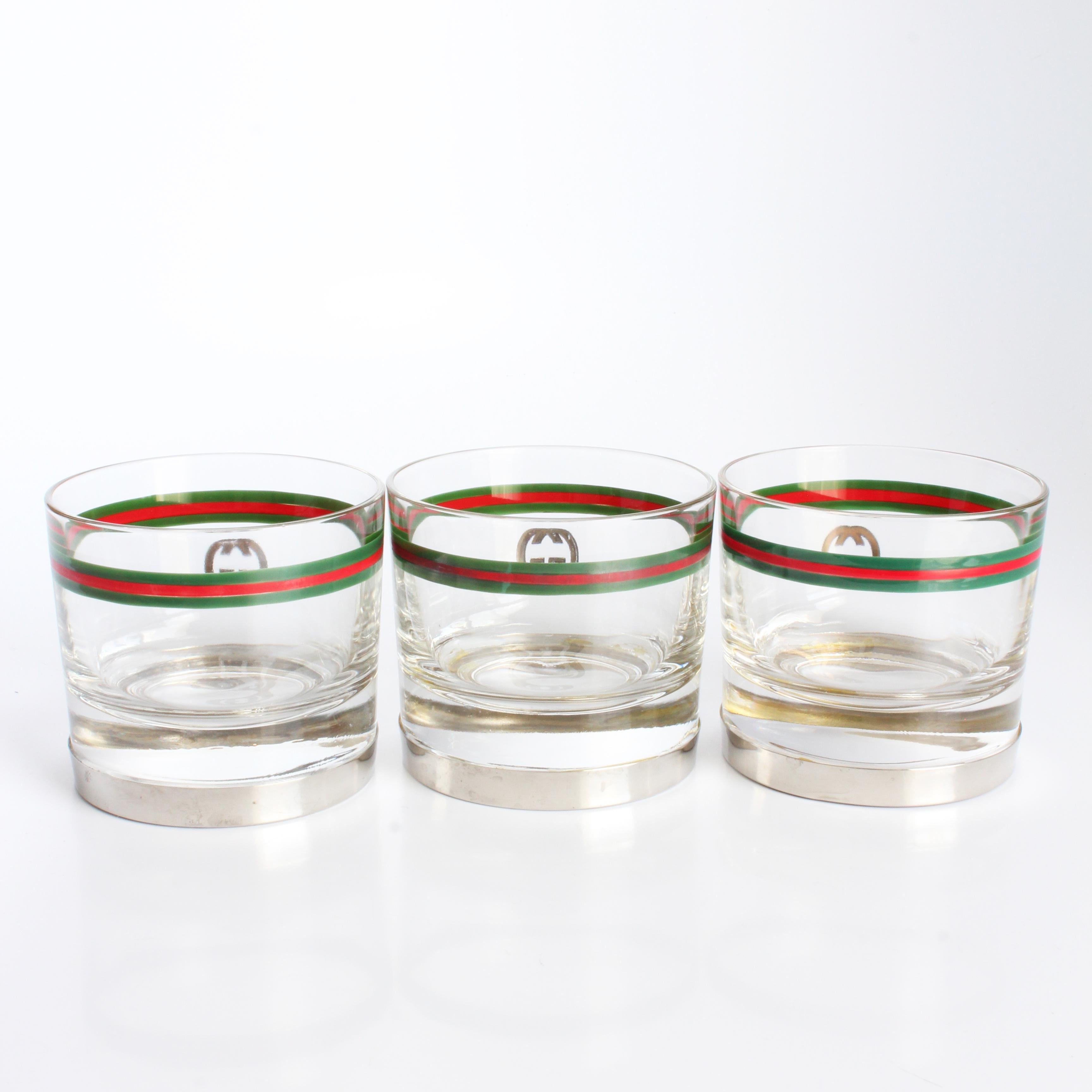 Gucci Cocktail Glasses with Silver Base GG Logo Webbing 3pc Set Barware Vintage For Sale 2